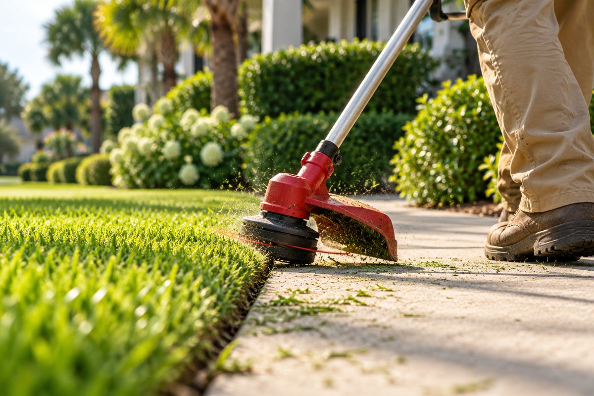 Crew member edging a crisp line where the lawn meets the sidewalk