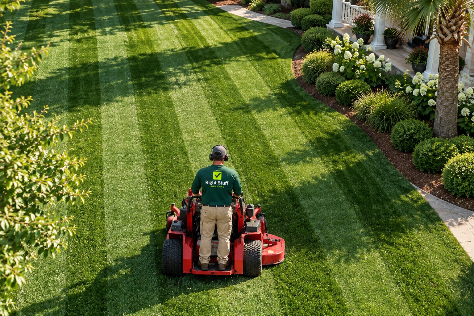 Right Stuff crew member striping a front lawn on a stand on mower